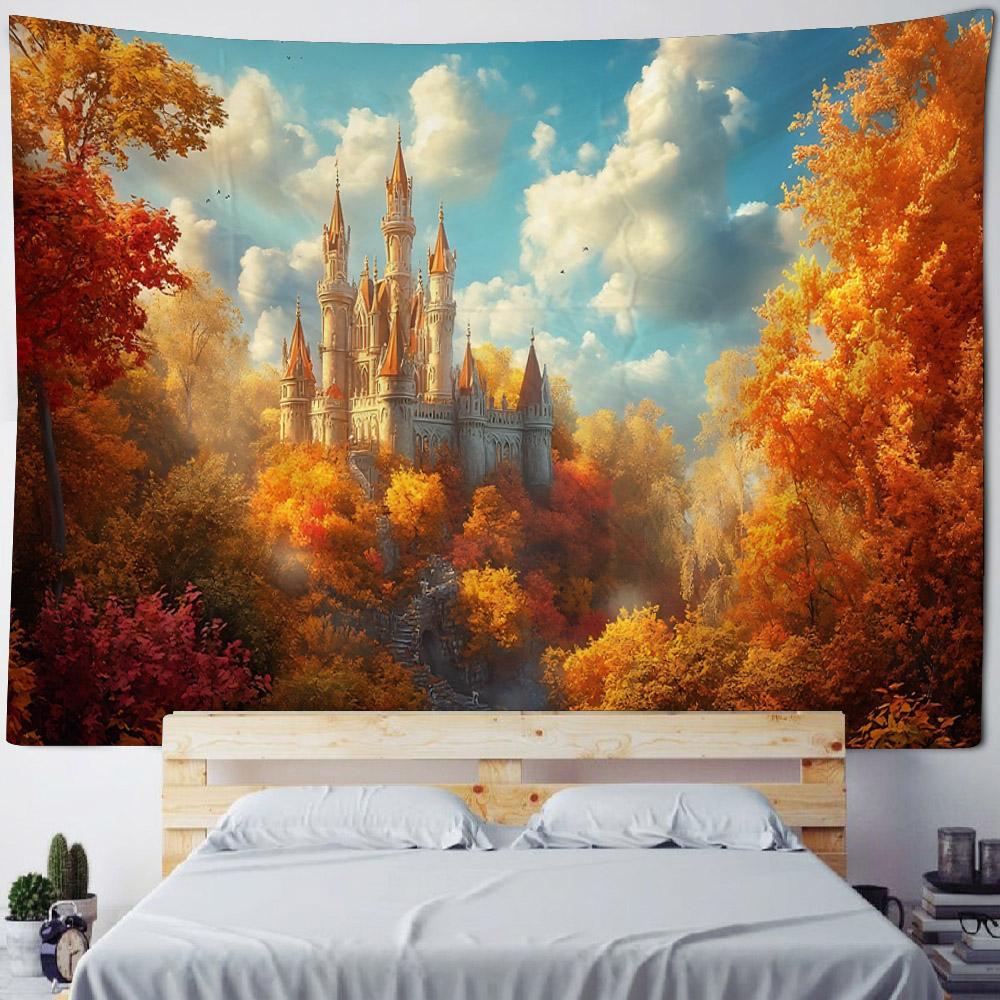 Dreamy Castle Background Wallpaper, Bedroom Tapestry, Cartoon Decoration, Hippie Aesthetic Home Wall Hanging, Yoga Mat