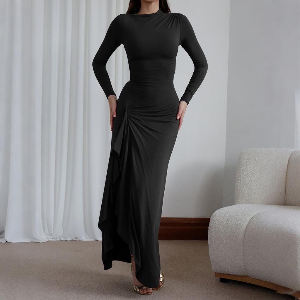 Women's Casual Fashion Long Sleeve Color Slim Waist Dress