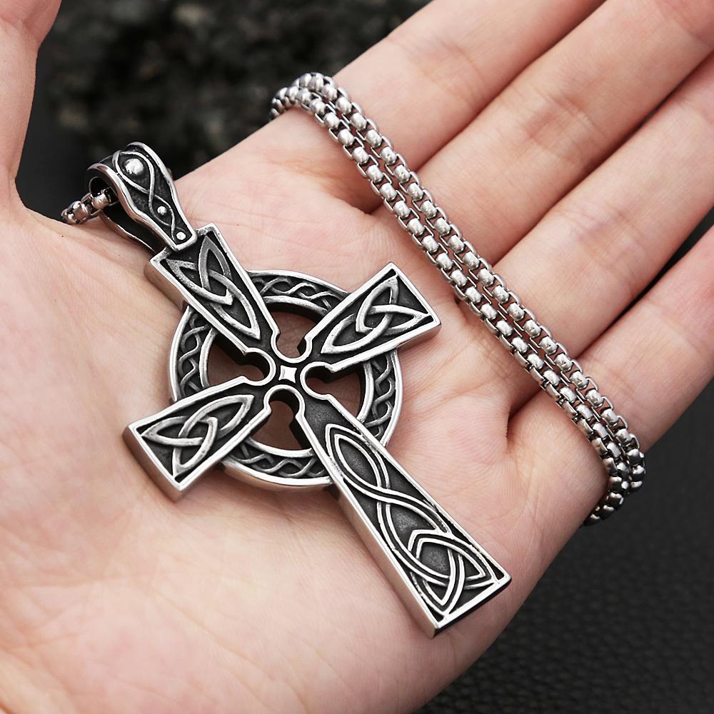 Fashion Retro Nordic Celtic Knot Pendant for Men Women Punk 316L Stainless Steel Cross Necklace Biker Amulet Jewelry