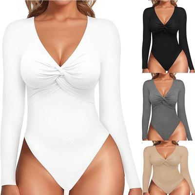 Women's Deep V-Neck Twist Slimming Long-Sleeve Bodysuit - Autumn/Winter 2025 Collection