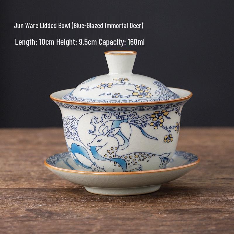 Dunhuang Ru Kiln Crackle Pattern Tea Bowl with Lid - High-End Kung Fu Tea Set, Large Brewer.