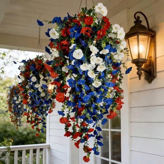 Yousheng Patriotic Hanging Flowers, Artificial Red White Blue Flowers Hanging Basket, Outdoor 4th of July Hanging Flower Basket for Porch Garden Decor