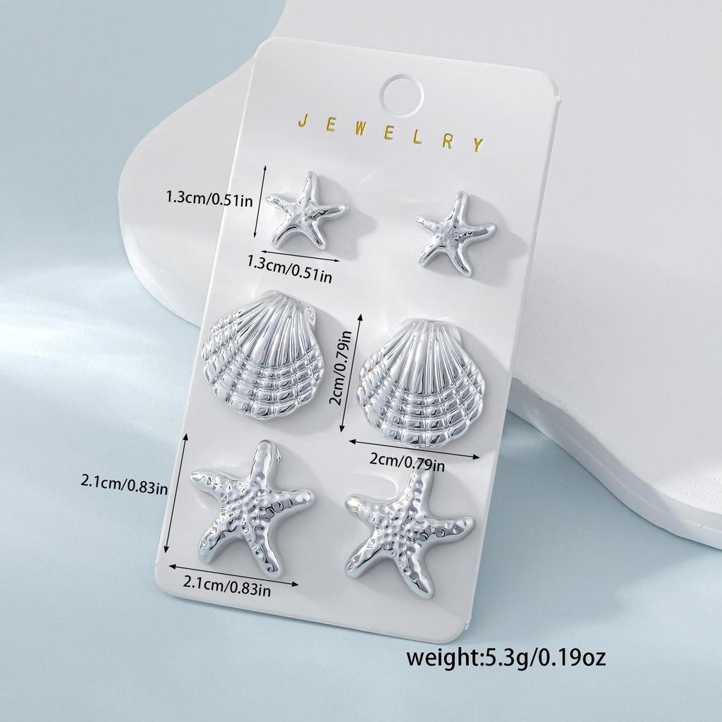 3 Paia di Orecchini a Bottone Geometrici Stella Marina & Conchiglia da Donna - Set Moda Estiva