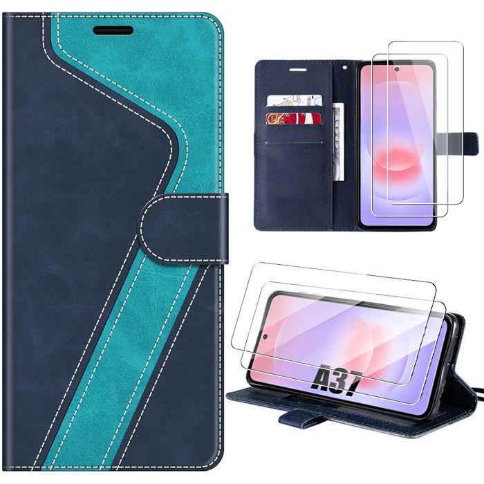 Case + 2 Tempered Glasses for Samsung Galaxy A37 5G, Scratch-Resistant Shockproof Synthetic Leather Blue