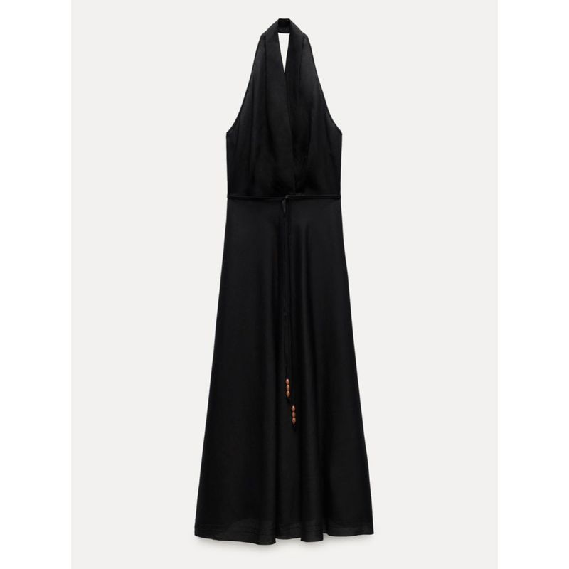 Za2024 Summer New Product Women's Clothes Sexy Open Back Hanging Collar Midi Skirt Dress Black Dress 4786011 800