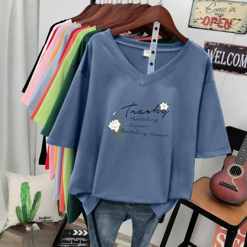 Short-sleeved T-shirt for Women, Large Size, Loose and Slimming, Printed V-neck Top