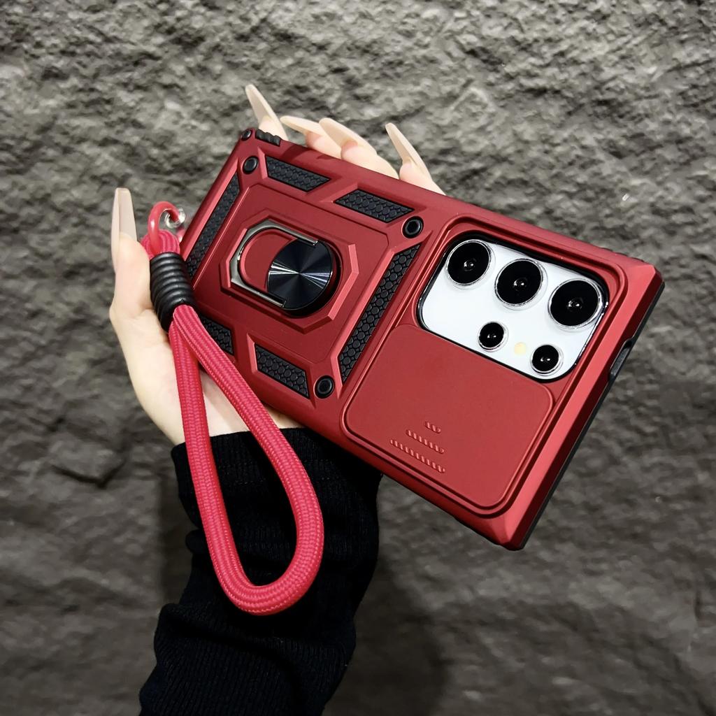 Armor Magnetic Bracket Case For Samsung Galaxy S25 S24 S23 S22 S21 Ultra Plus With Lanyard Slide Camera Protect Shockproof Cover