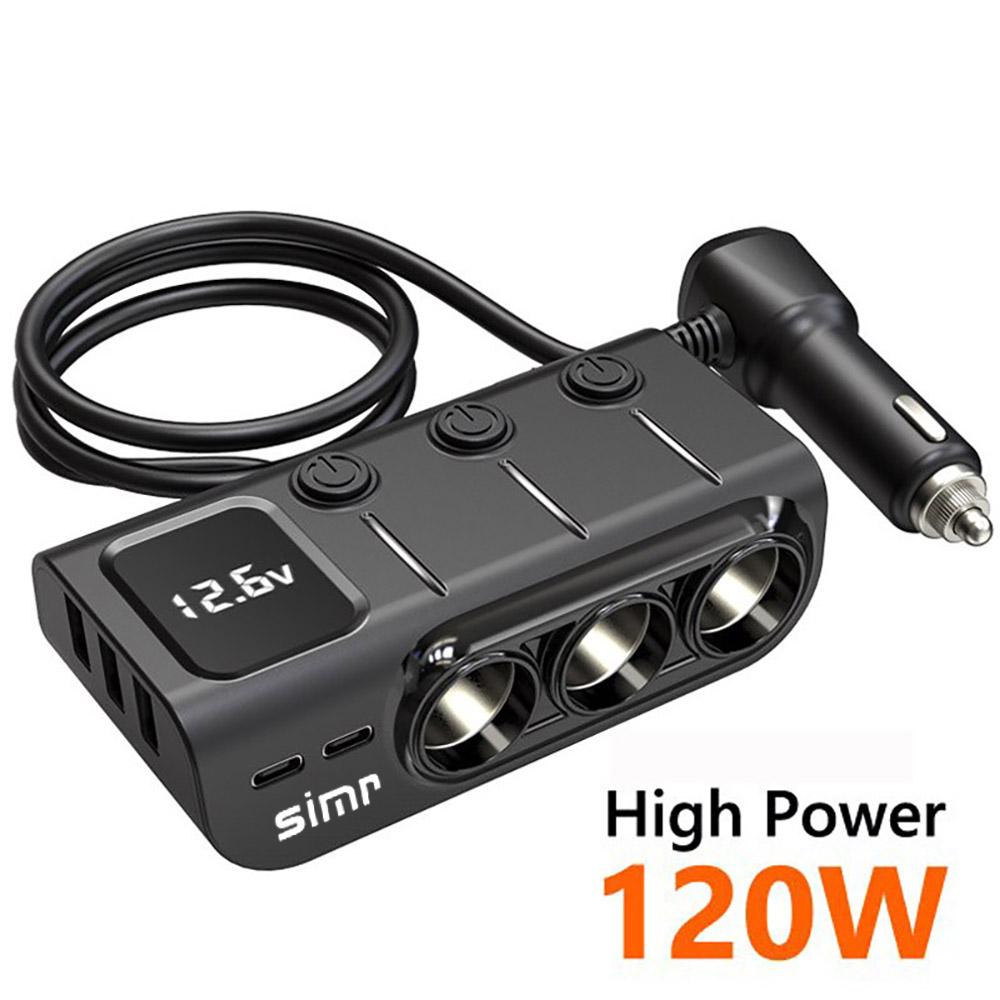 

Адаптер прикуривателя simr 120 Вт, 3-х гнездовой разветвитель питания, 5 портов USB, быстрое автомобильное зарядное устройство со светодиодным дисплеем напряжения, выключатель питания чёрный
