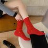 "New Year Christmas Red" Big Red Socks, Women's Fabric Label Mid-calf Socks, Autumn and Winter Big Polka Dot Twist Pile Socks, Long Socks