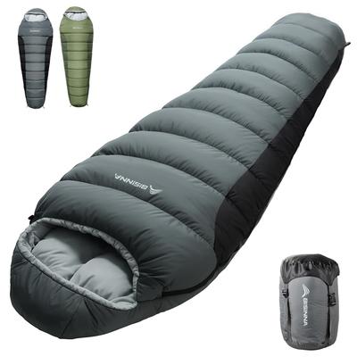 BISINNA Spací pytel mumie, Umělé peří, Nosnost 1,8 kg, ZimaLéto, 40D Nylon Vodotěsný, s Kapucí, YKK Dvojitý zip, Úložný vak,