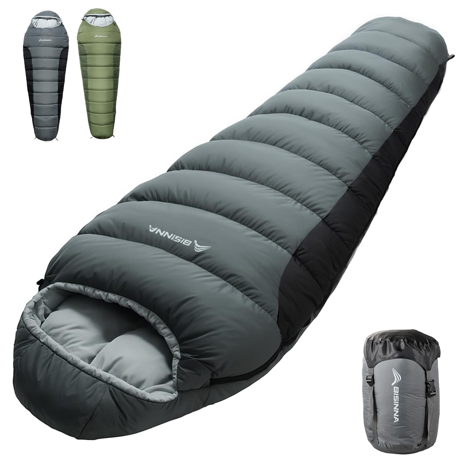

Спальный мешок-кокон BISINNA, Искусственный пух, Вместимость 1,8 кг, ЗимаЛето, Водонепроницаемый нейлон 40D, С капюшоном, Двойная молния YKK, Сумка для хранения,