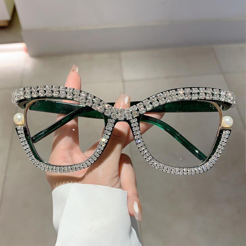 Vintage Anti Blue Light Optical Diamond Pearl Cat Eye Glasses Women For Female Luxury Brand Myopia Prescription Eyewear Frame