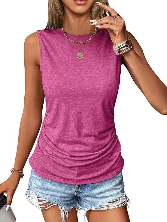 2026 Women's Sleeveless Pleated Round Neck Solid Color Casual Summer Pullover Vest