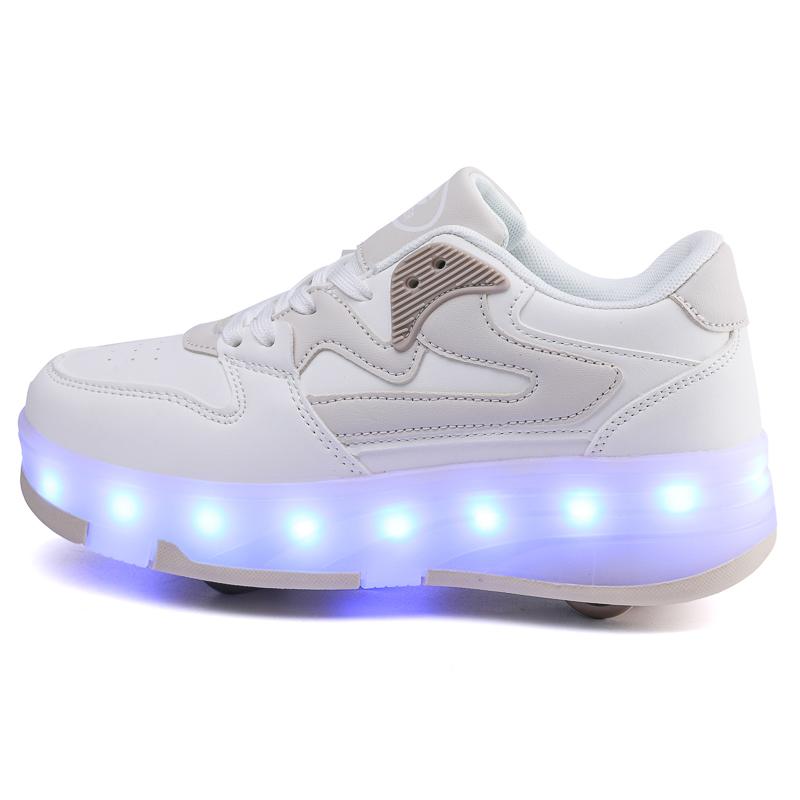 29-40 Kid's Lights Sports Shoes Rubbing Shoes Solid Magic Patch Can Charging Double-row Four-wheel Luminous Children Shoes