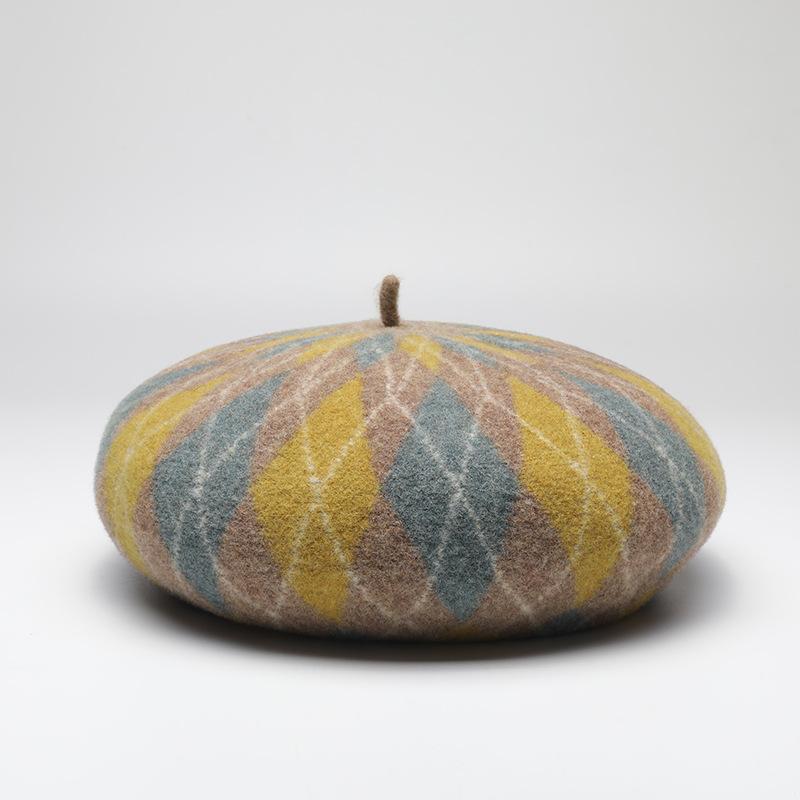 

Женская шапка, шерстяной берет, модная повседневная осенне-зимняя теплая утолщенная клетчатая шляпа художника M(56-59cm) жёлтый