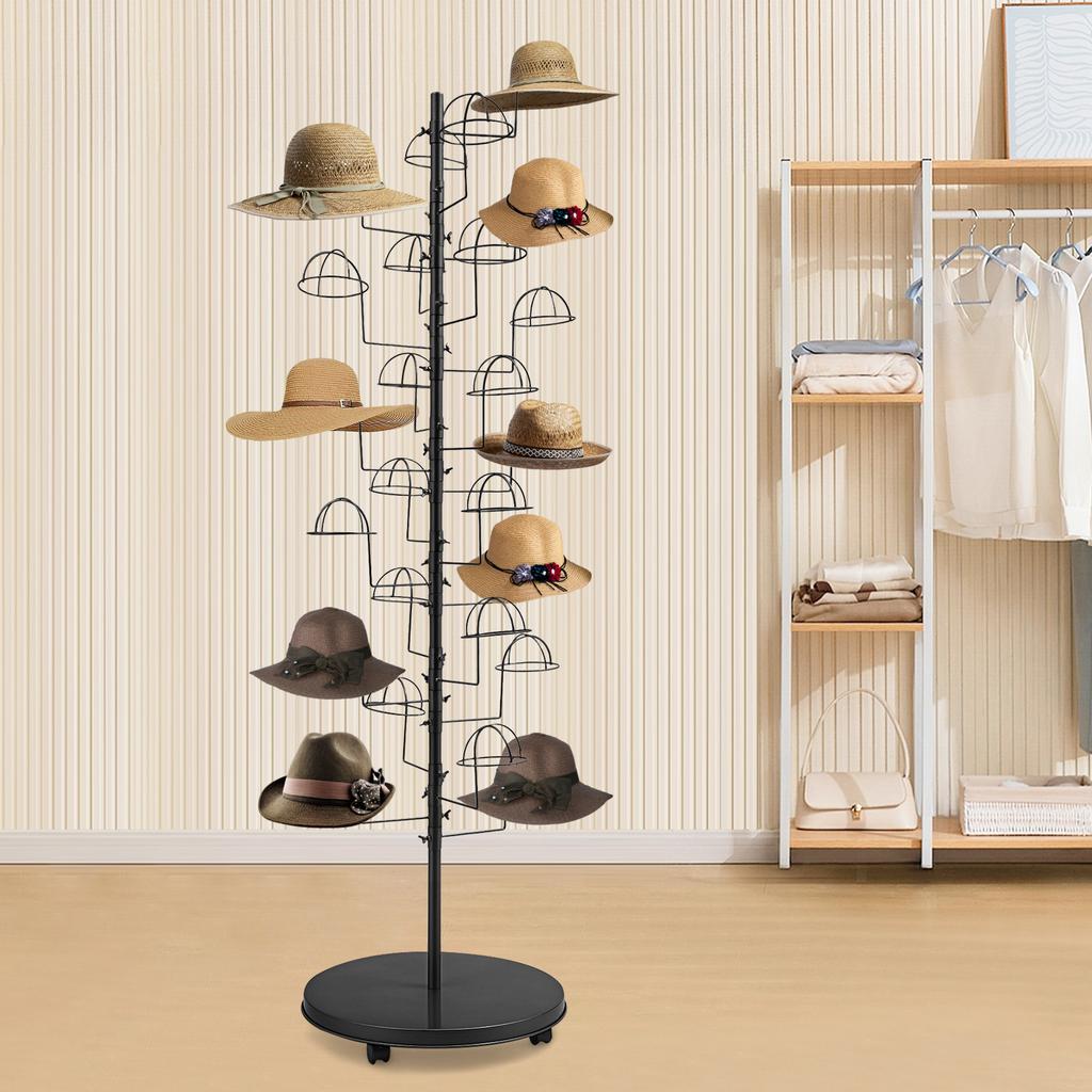 25-Hook Large Freestanding Hat Rack,Modern Black Carbon Steel Hat Display Stand (Holds 25 Caps/Hats) for Home/Store Organization