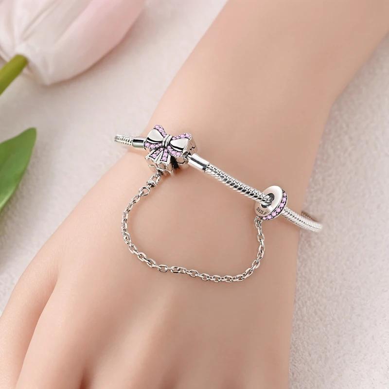 Authentic copper Pink Butterfly Fastening Chain Charm Bead Charms Bead Charms Compatible With Bracelets Women Jewellery Diy Fine Delicate Gift Accesso
