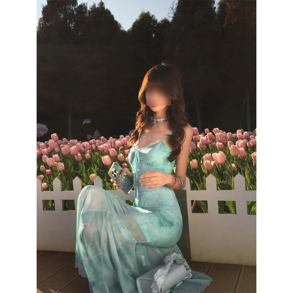 

Пляжный отдых юбка рыбий хвост сетчатая пляжная юбка зеленая с принтом платье на бретелях женское летнее темпераментная талия XL- (recommended 110-60kg)