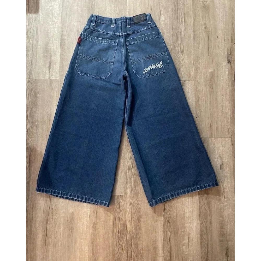 ZYLLO Luźne jeansy Y2K Ubrania Męskie Damskie Harajuku Hip Hop Haftowane Vintage Niebieskie Luźne Jeansy Niskie w Pasie Szerokie Nogawki