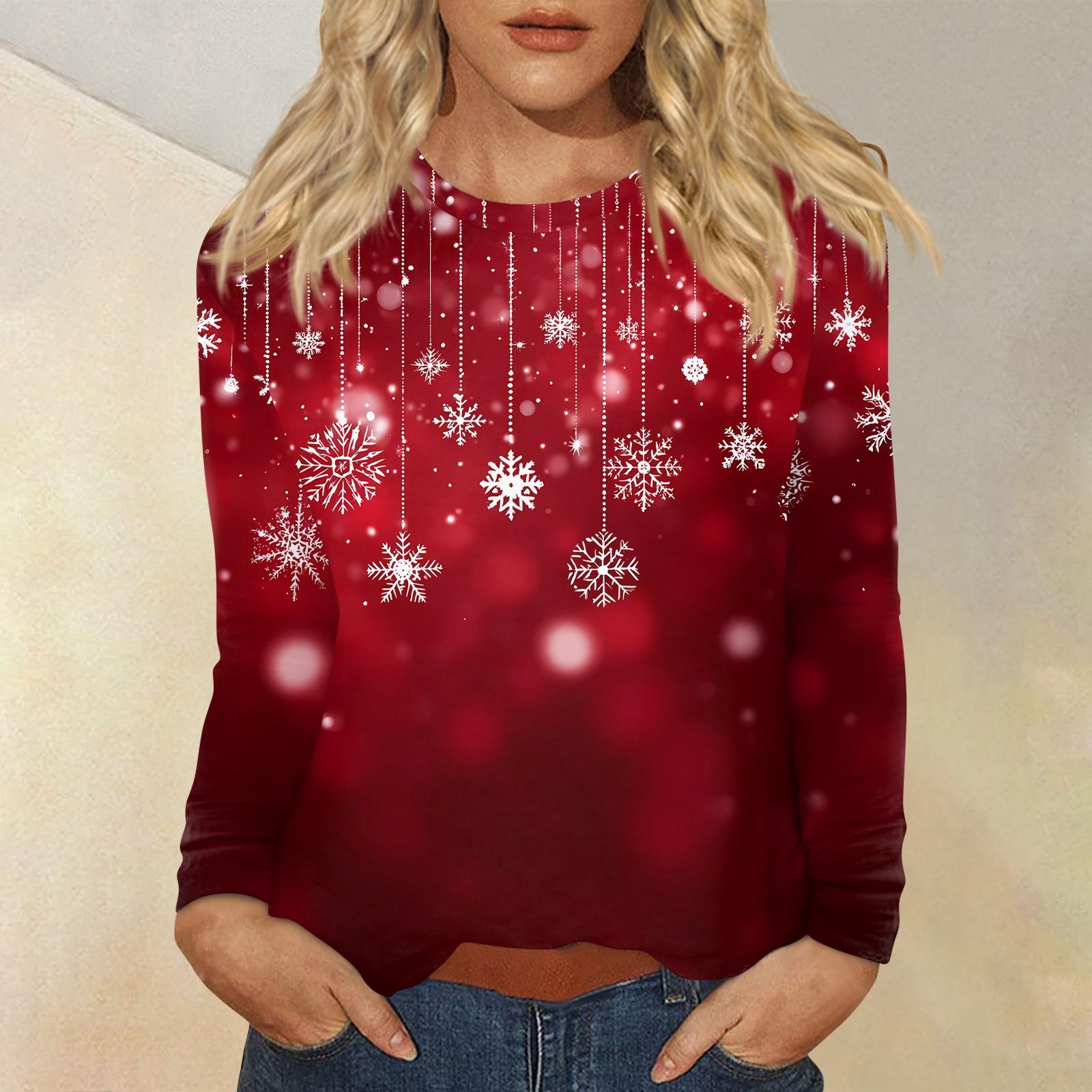 

Женская мода повседневный рождественский принт круглый вырез длинный рукав пуловер топ S
