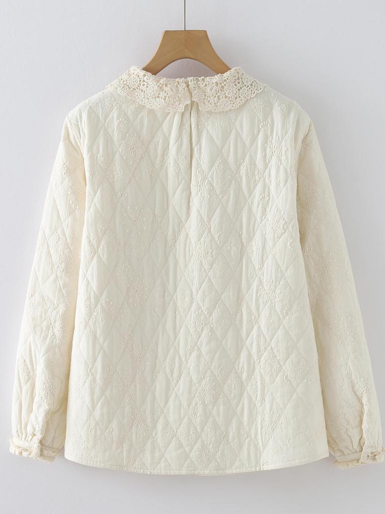 Women's Retro Lace Trim Jacquard Long Sleeve Quilted Shirt - Winter 2025 Edition