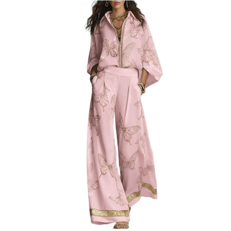 Nuovo completo due pezzi moda e casual con stampa di farfalle europee e americane, camicia larga con cerniera, pantaloni a gamba larga