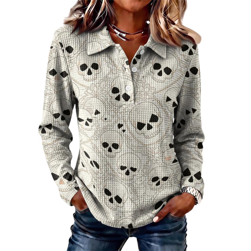 Women's Casual Long Sleeve Knit Top with Halloween Print and Turn-Down Collar