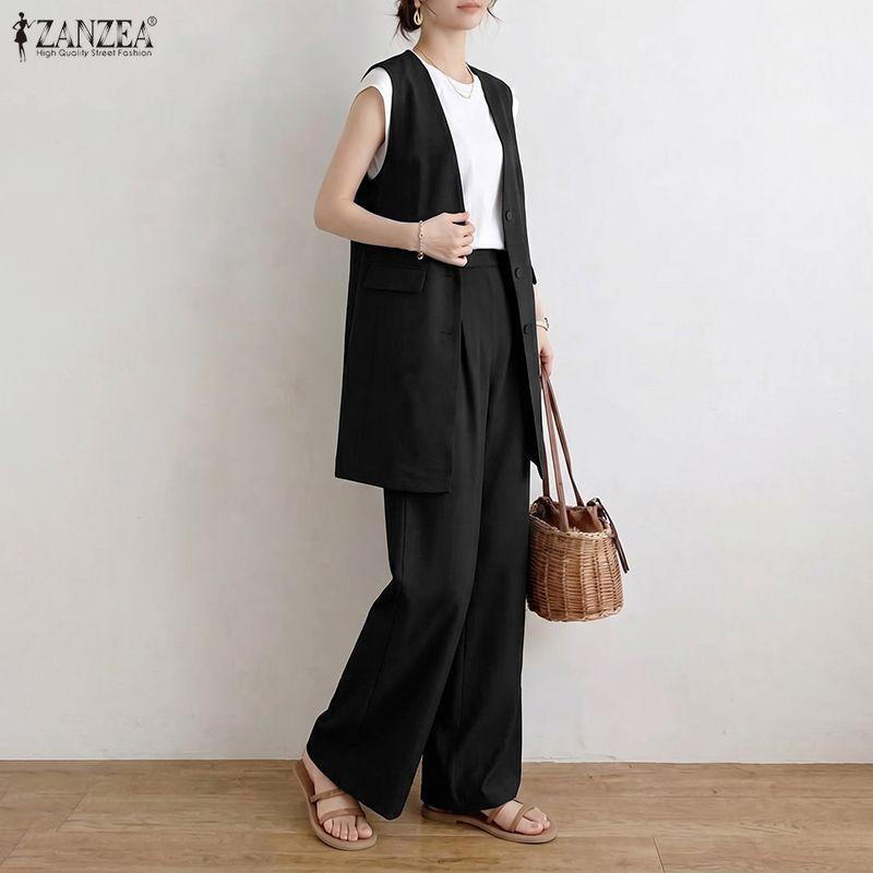 ZANZEA Women Sleeveless Long Vest and Long Pants Casual Two Piece Suit Sets