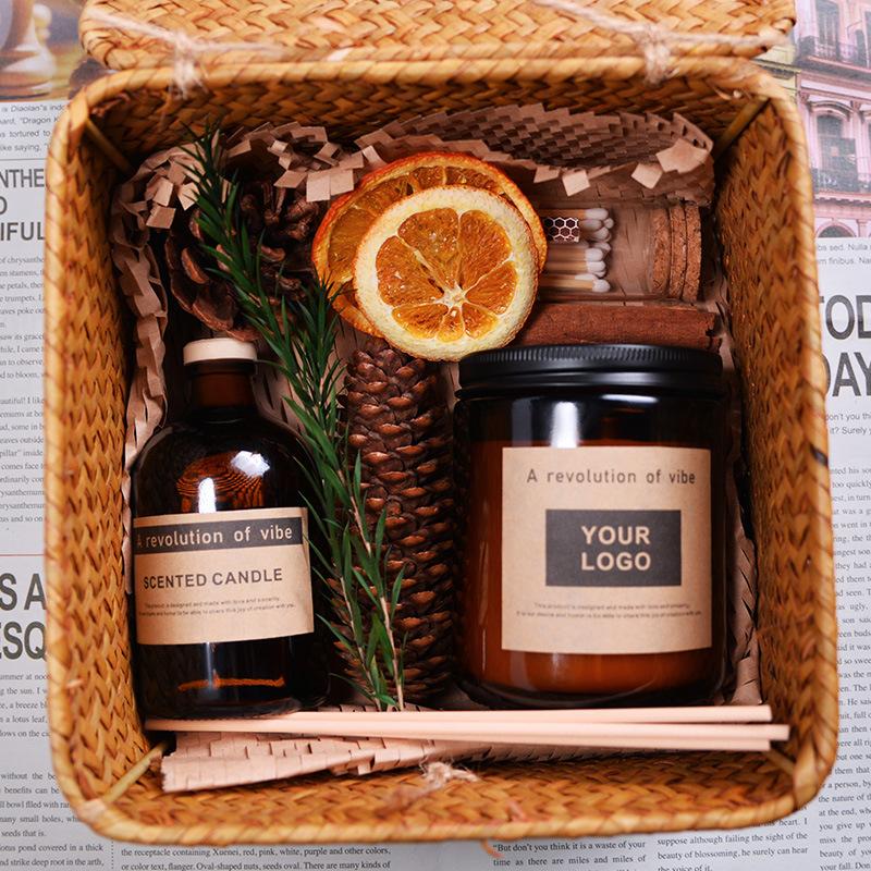 Scented Candle Glass Bottle Old-fashioned Extended Pole Match Wood Stem Creative High-end Bamboo Gift Box Fragrance Set