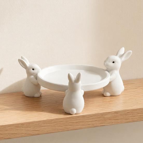 jijijing 3D Printed Cute Rabbit Tray Figurine, Multi-Functional Desktop Storage Holder for Headphones Jewelry Small Trinkets, Stable White Ring-Shaped