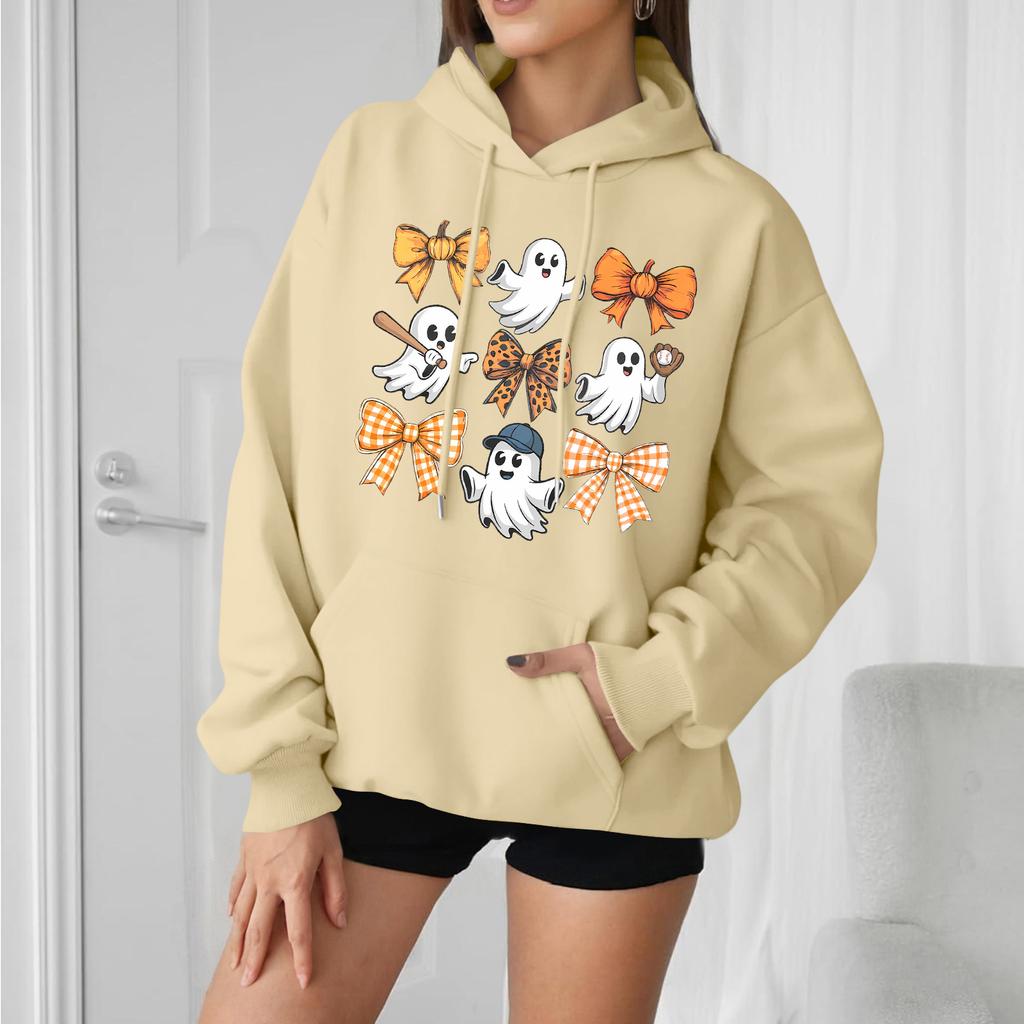 Women's Casual Fashion Comfortable Round Neck With Hood Long Sleeve Halloween Print Warm Sweatshirt