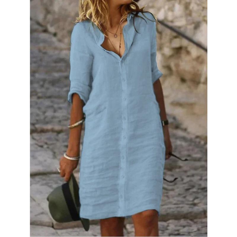 YYFS Women's Fashion Summer Spring Solid Color Print 1/2 Sleeves POLO Neck Loose Waistline Casual Dresses