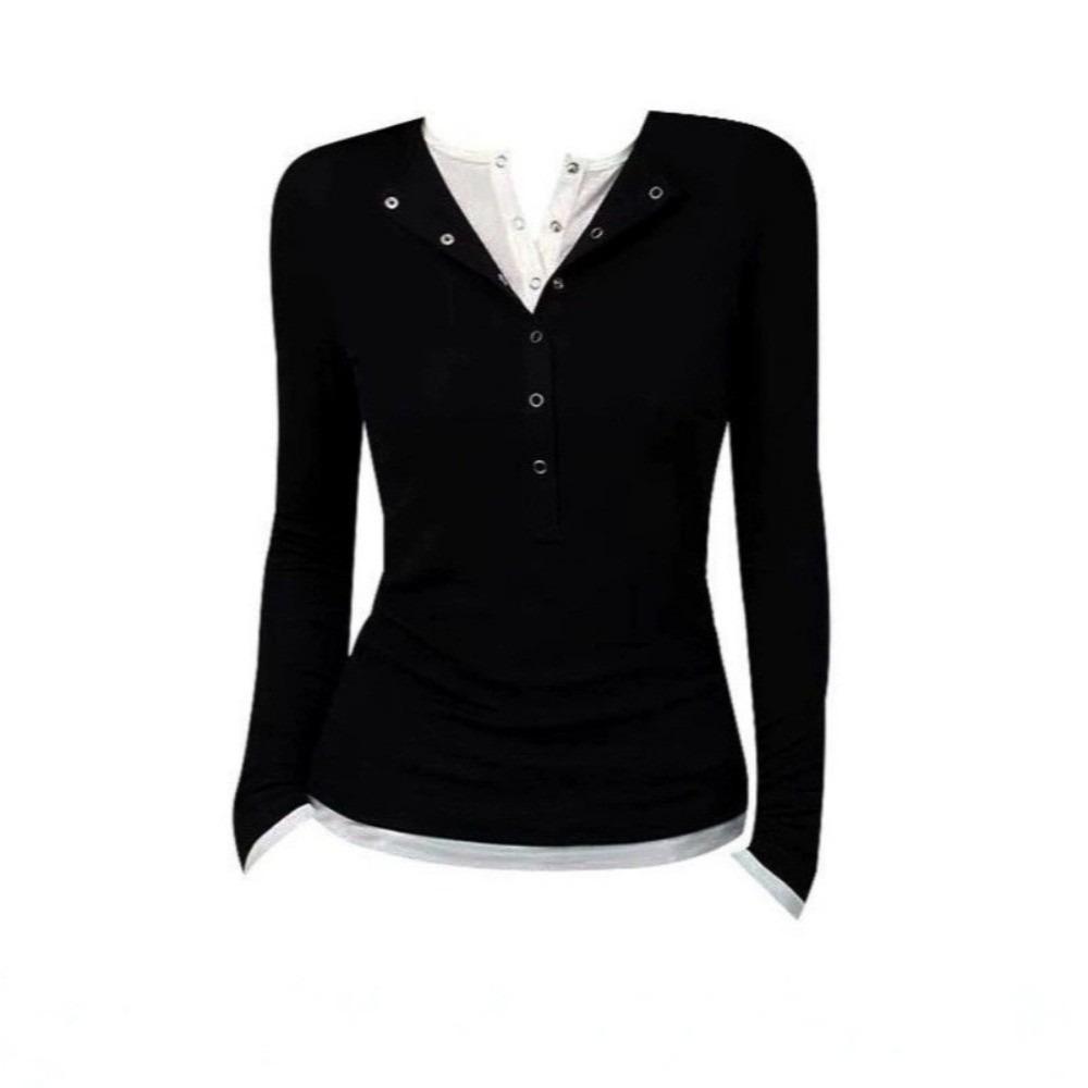 Patchwork Fake Two-Piece T-Shirt V-Neck Base Shirt Y2K Style Long Sleeve Top Casual Wear