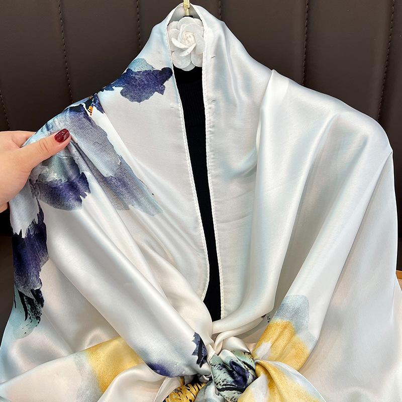 Ink and Wash Danqing High-grade Silk Scarf, Sunscreen Extended Printing Imitation Silk Scarf, Women's Long Silk Scarf, Beach Scarf