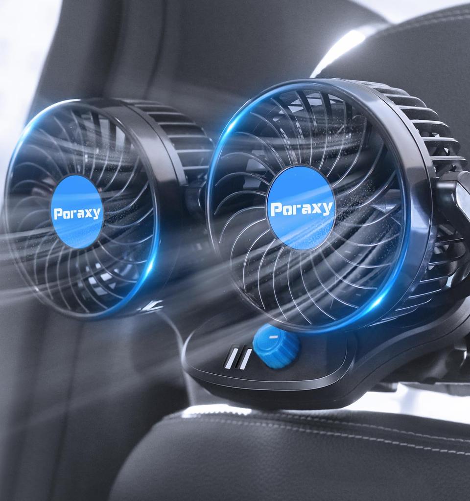 PORAI Car Fan, Electric Car Fan, For Backseat Use, Multi-Purpose Grip, Rear Front, Includes