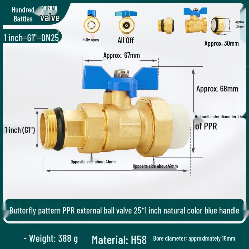 All-Copper 1-Inch PPR Male Thread Ball Valve Splitter with Thickened Live Joint Outlet/Inlet Switch