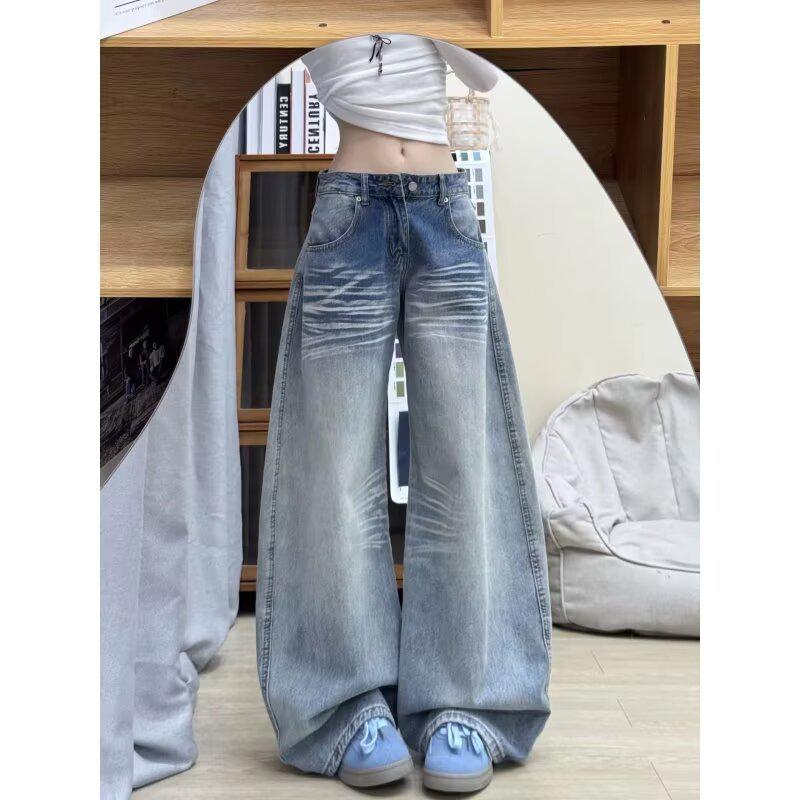 

Kumikumi Retro High-Waisted Wide-Leg Distressed Jeans for Women - Floor-Length, Loose Fit Trousers for Autumn/Summer Medium синій