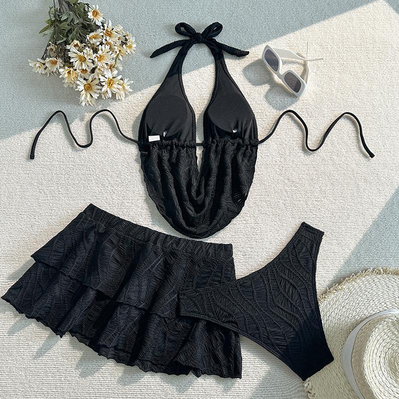 Fashion New Solid Color Split Swimsuit Women Halter Bikini Three-piece Seaside Beach Drawstring Swimsuit