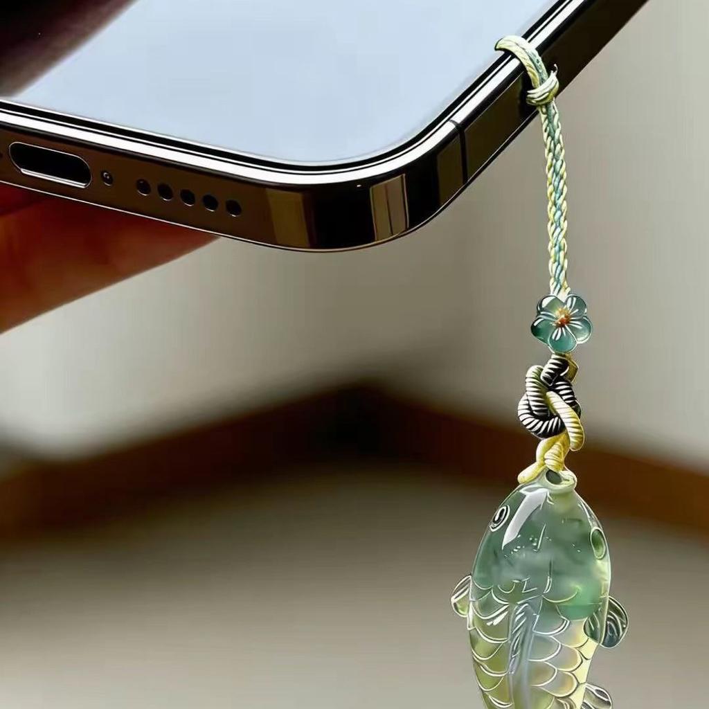 [Fish every year] New Chinese-style green clear and rich flower koi mobile phone lanyard, fish bag pendant every year