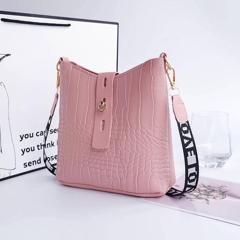 Crocodile pattern bucket shoulder crossbody women's bag versatile trend stone pattern buckle niche bag
