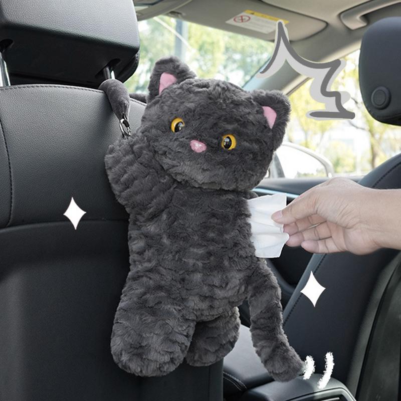 Plush Tissue Dispenser Plush Hangable Animal Car Tissue Holder 2 In 1 Car Tissue Box And Trash Can Decorative Organizer Black