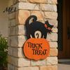 Rustic Farmhouse Wall Art Halloween Wooden Door Sign, Black Cat And Pumpkin Plaque, Boxwood Material Decor Hanging for Holiday Party Indoor Outdoor