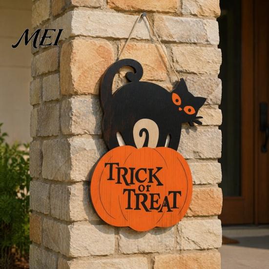 Rustic Farmhouse Wall Art Halloween Wooden Door Sign, Black Cat And Pumpkin Plaque, Boxwood Material Decor Hanging for Holiday Party Indoor Outdoor