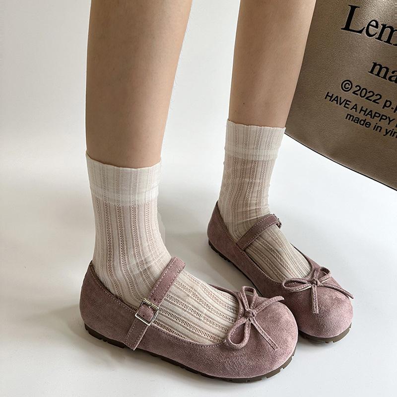 Spring 2025 New Flat Bottom Mary Jane Shoes with Bow Women's French Round Head Ballet Style Single Shoes