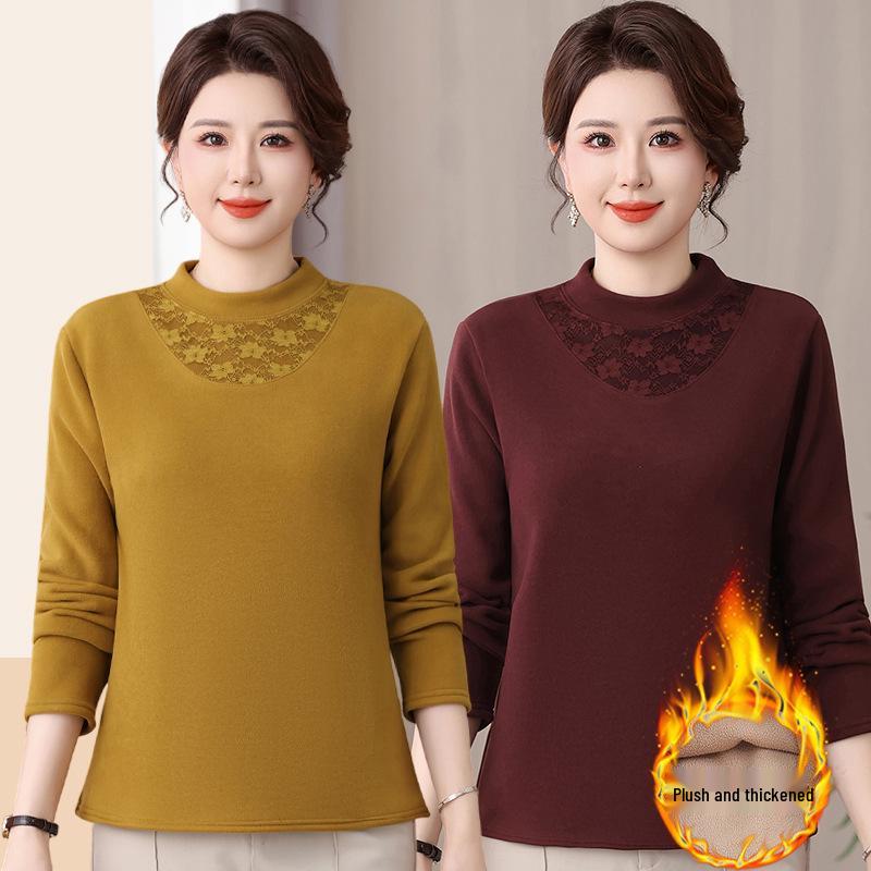 Mom's Autumn/Winter Warm Velvet Top for Middle-Aged & Elderly Women - Fashionable Thick Half-High Collar Base Layer