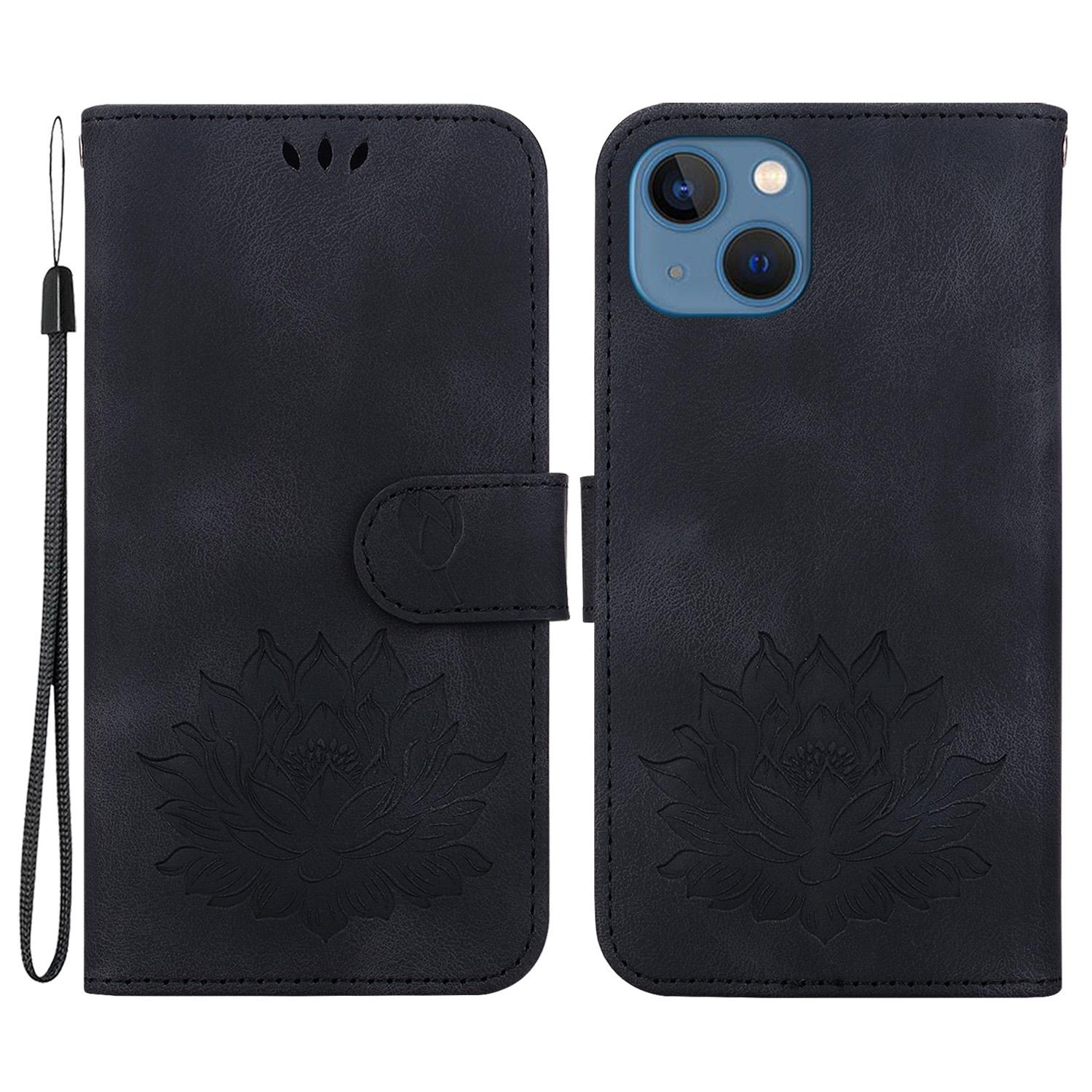 

For iPhone 14 Case Lotus Imprinted PU Leather Flip Phone Wallet Cover Black