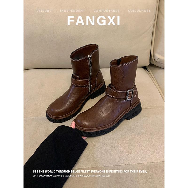 

Cowhide Edition~ Belt Buckle Western Knight Boots British Style Boots Middle Heel Martin Boots Women s Platform Short Boots Skinny Boots 40