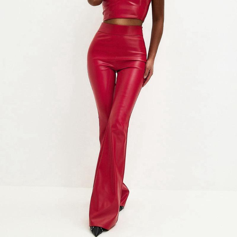 Women's High Waisted Glossy Leather Pants Black Flared Trousers