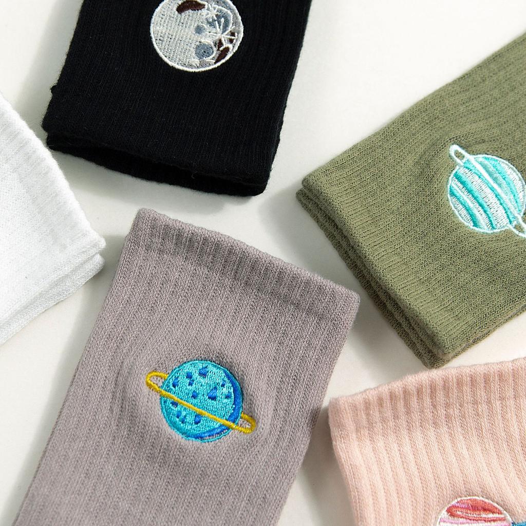 Planet Socks Couple Personality Mid-Leg Socks Trend Embroidered Moon Sports Skateboard Socks Cotton Socks