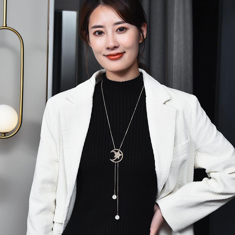 Fashionable Korean Style Long Pearl Pendant Necklace With Star And Moon Tassel